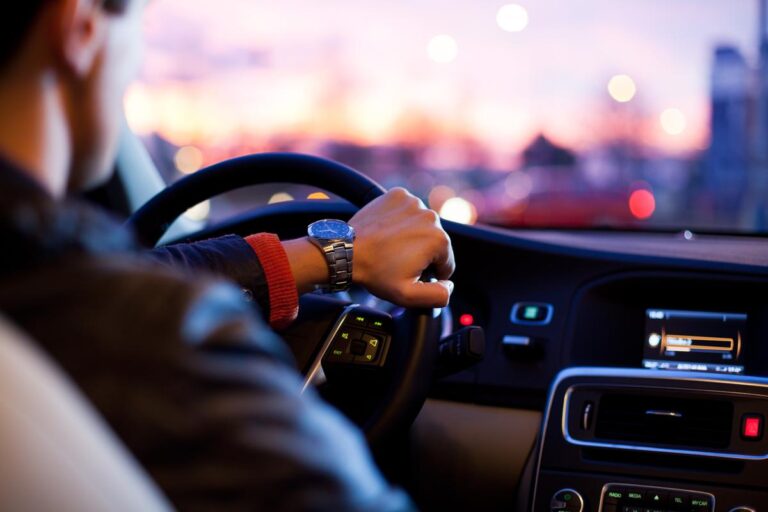 Driving a car at night - pretty, young woman driving her modern